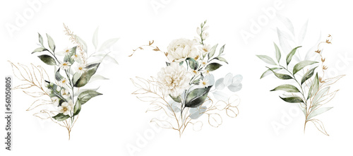 Watercolor floral illustration set - white flowers, green gold leaf branches collection, for wedding stationary, greetings, wallpapers, fashion, background. Eucalyptus, olive, leaves, chamomile.