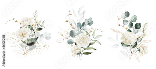 Watercolor floral illustration set - white flowers  green gold leaf branches collection  for wedding stationary  greetings  wallpapers  fashion  background. Eucalyptus  olive  leaves  chamomile.