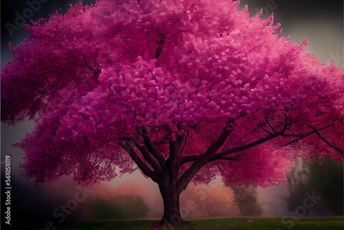 Cherry tree in full bloom with lots of pink blossoms ideal for backgrounds. Generative AI
