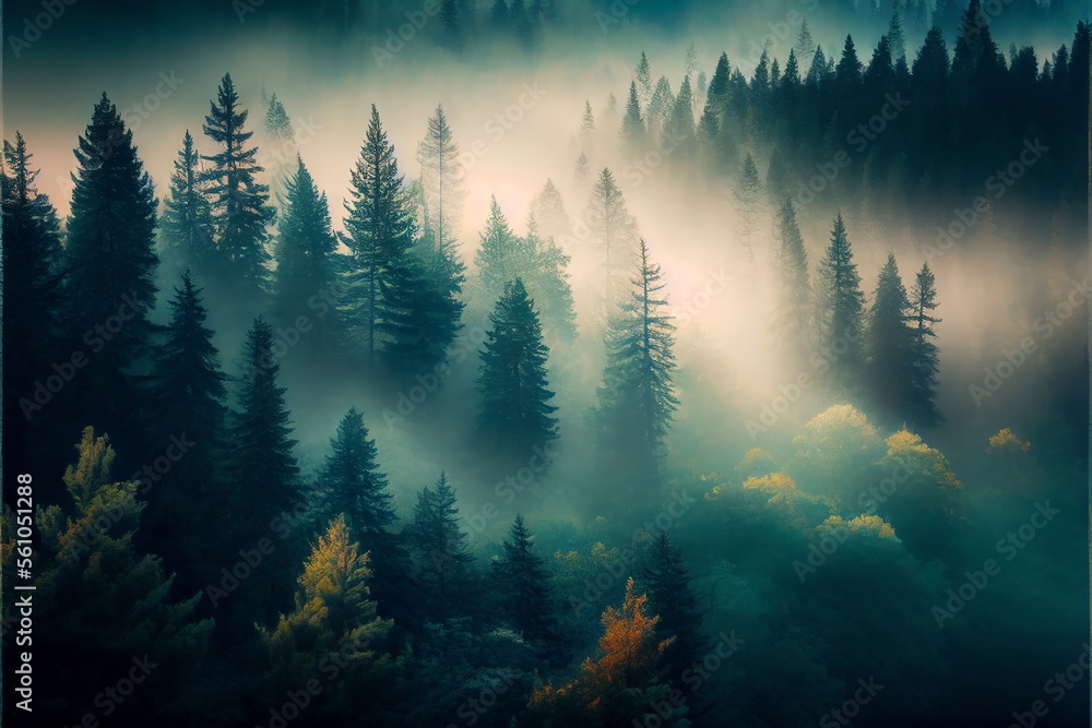 Forest landscape view from above. foggy forest.. Generative AI