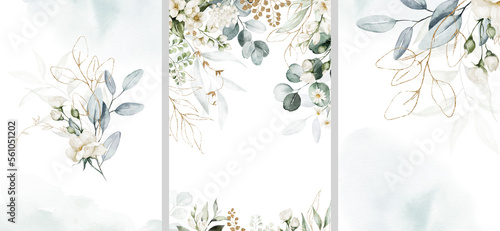 Watercolor floral illustration set - bouquet, frame, border. White flowers, rose, peony, gold green leaf branches collection. Wedding invites, wallpapers, fashion. Eucalyptus olive  leaves chamomile. #561051202