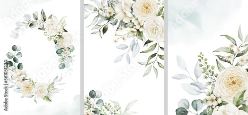 Watercolor floral illustration set - bouquet, frame, border, wreath. White flowers, rose, peony, green leaf branch collection. Wedding invites, wallpapers, fashion. Eucalyptus olive leaves chamomile.