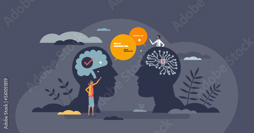 Natural language parsing or NLP for AI speech development tiny person concept. Artificial intelligence learning to speak and write text from human mind example vector illustration. Language tasks. photo