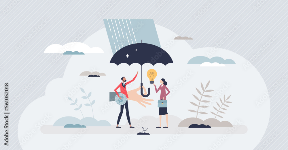 Employee assistance program and support from company tiny person concept. Labor wellbeing and wellness protection with healthcare, financial or mental coverage in case of problems vector illustration