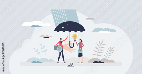 Employee assistance program and support from company tiny person concept. Labor wellbeing and wellness protection with healthcare, financial or mental coverage in case of problems vector illustration