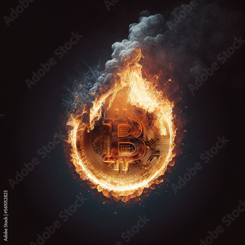 Bitcoin coin burning in flames on fire. Generative AI