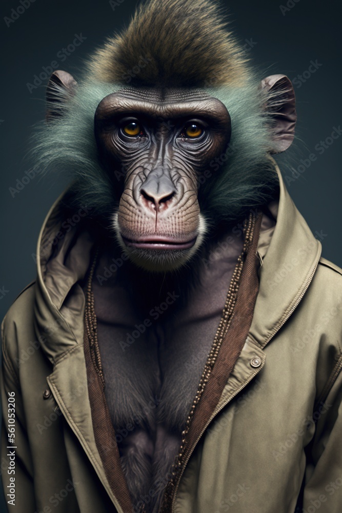 Baboon wearing fashion urban streetwear..Generative AI Baboon wearing fashion urban streetwear..Generative AI