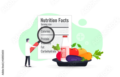 Nutrition choices for healthy diet, nutritionist to systematically assess the overall nutritional status of patients, nutritionist checking nutrition facts label with magnifier