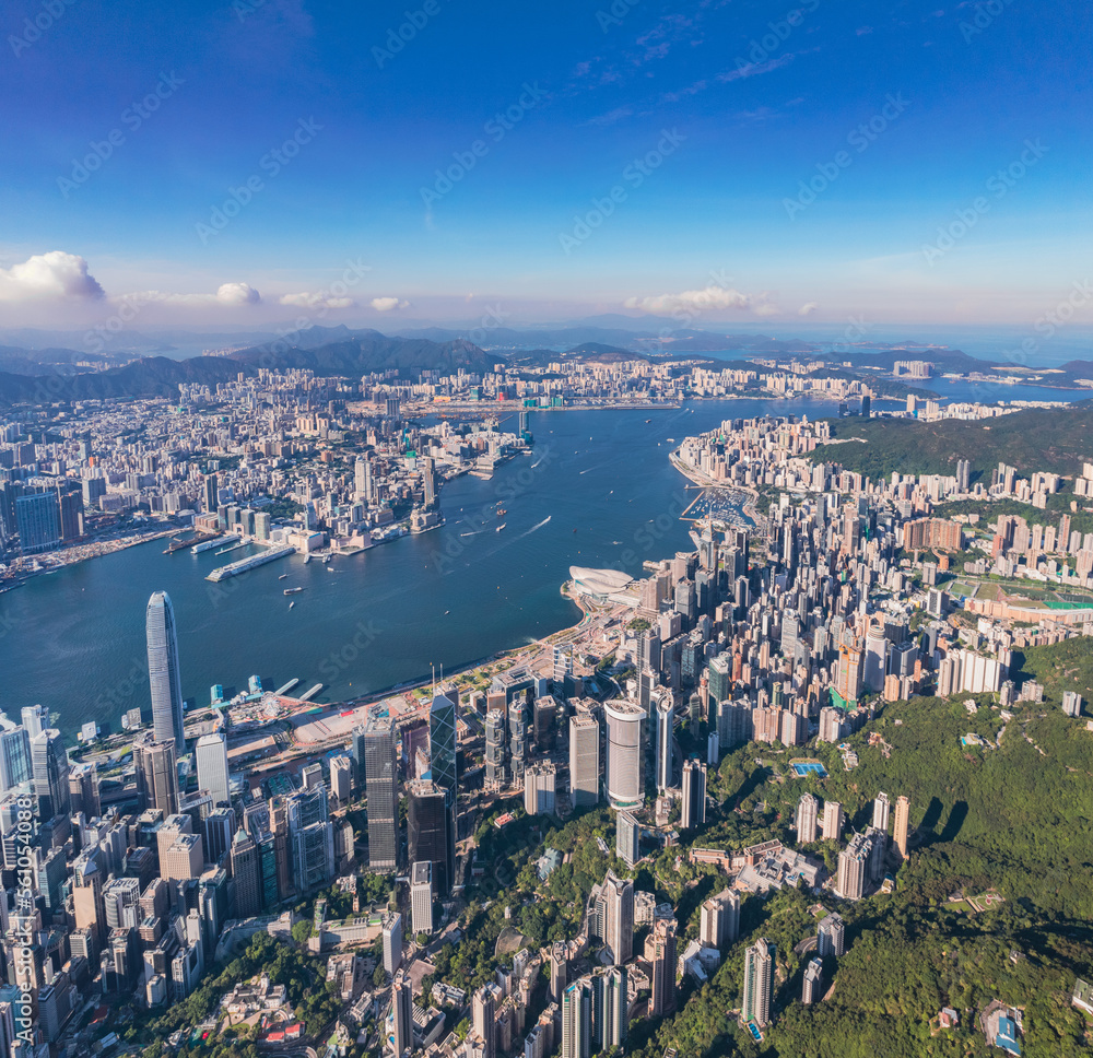 epic panorama of the Victoria Harbour and commercial area of Hong Kong