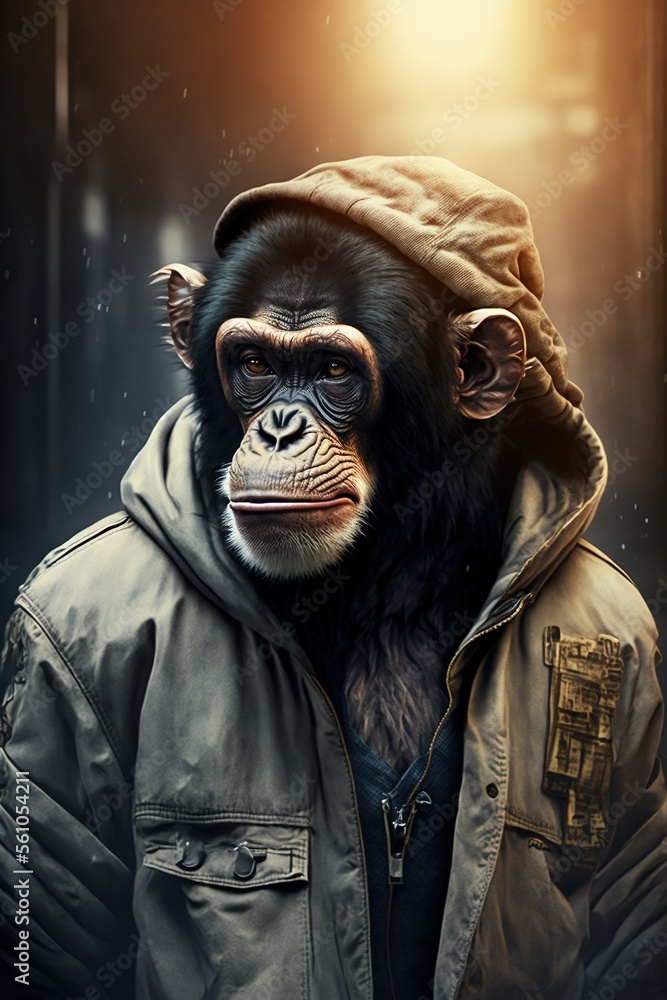 Chimpanzee wearing fashion urban streetwear..Generative AI Chimpanzee wearing fashion urban streetwear..Generative AI