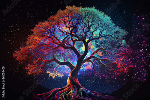 Psychedelic oak tree made of stars at night. Digitally generated AI image.