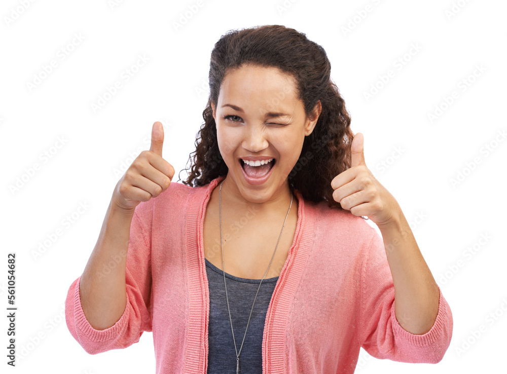 Face portrait, thumbs up and wink of woman in studio isolated on a ...