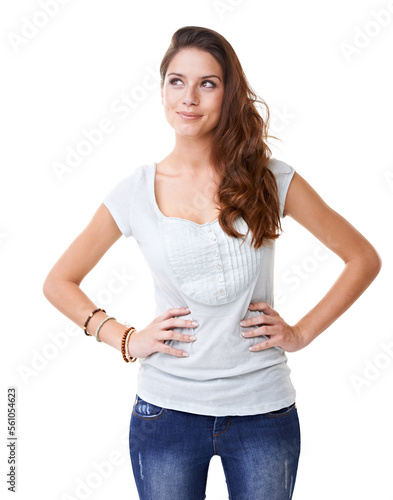 Question, thinking and woman with an idea in the studio with a positive, happy and optimistic mindset. Thoughtful, pensive and mindful female model daydreaming while isolated by a white background.