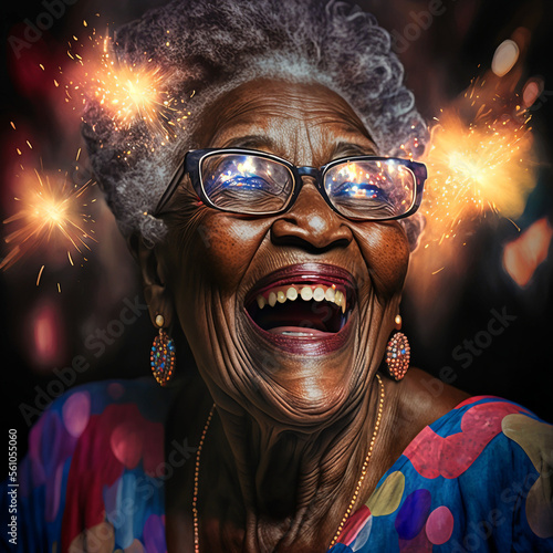Generative ai elderly mature grey hair black woman laughing celebrating dancing having fun