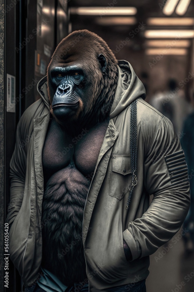 Gorilla wearing fashion urban streetwear..Generative AI Gorilla wearing fashion urban streetwear..Generative AI