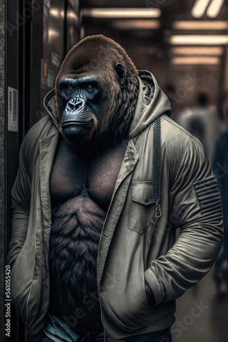 Gorilla wearing fashion urban streetwear..Generative AI © Razvan