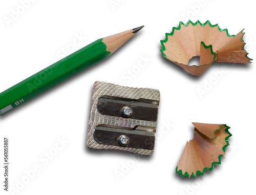 
A pencil sharpener with a sharpened pencil and pencil shavings cut out on a transparent background