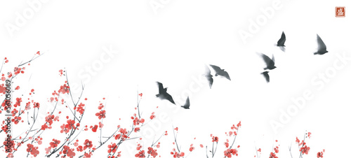 Sakura tree in bloom and flock of birds in the sky. Traditional oriental ink painting sumi-e, u-sin, go-hua. Translation of hieroglyph - sakura bloom