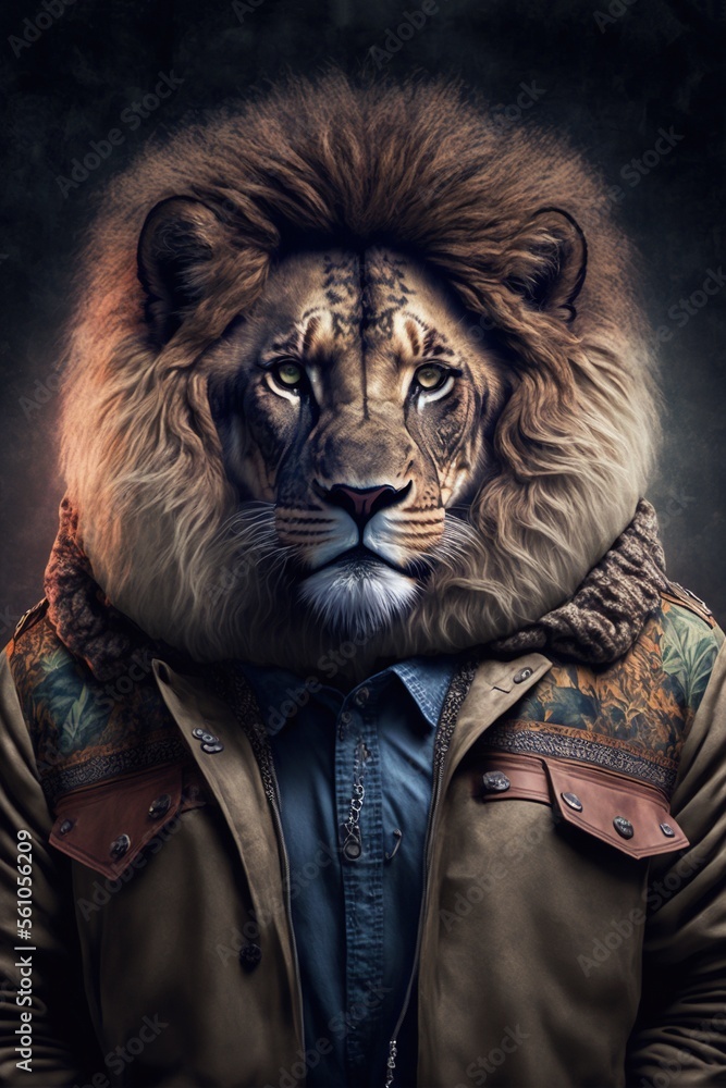 Lion wearing fashion urban streetwear..Generative AI Lion wearing fashion urban streetwear..Generative AI