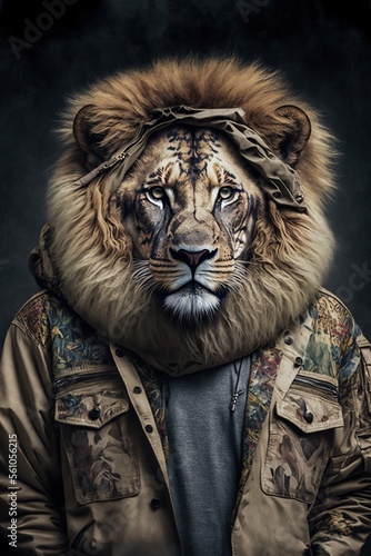 Lion wearing fashion urban streetwear..Generative AI