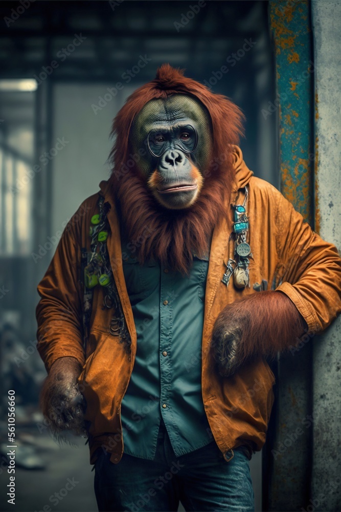 Obraz premium Orangutan wearing fashion urban streetwear..Generative AI