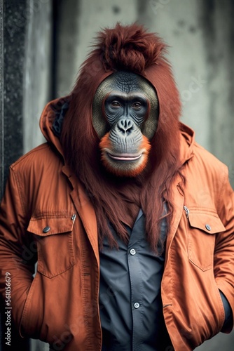 Orangutan wearing fashion urban streetwear..Generative AI