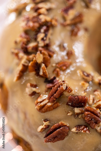 Chocolate pumpkin bundt cake with toffee glaze