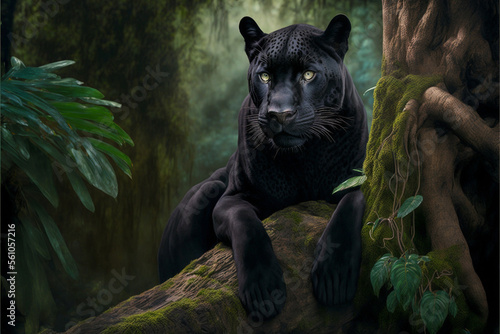 a black panther sits on a tree in the jungle. Generative AI