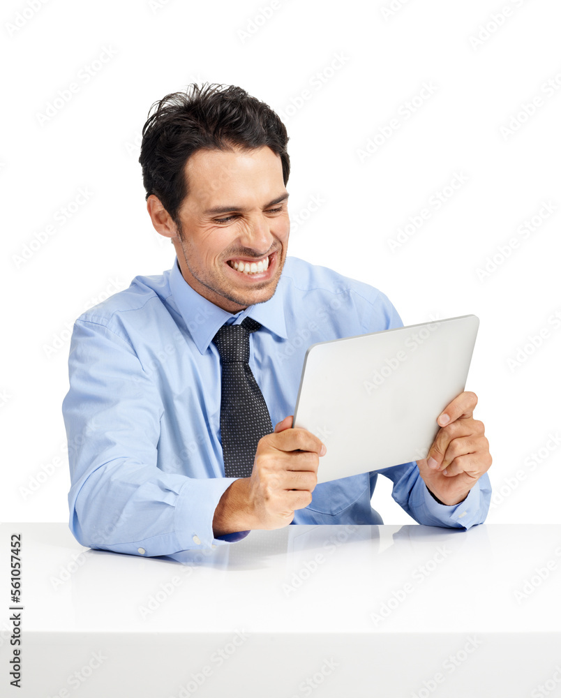 Email, excited and businessman reading on tablet for work, communication and app. Website, contact and happy executive man with tech for connectivity, wifi and online news on a white background Email, excited and businessman reading on tablet for work, communication and app. Website, contact and happy executive man with tech for connectivity, wifi and online news on a white background