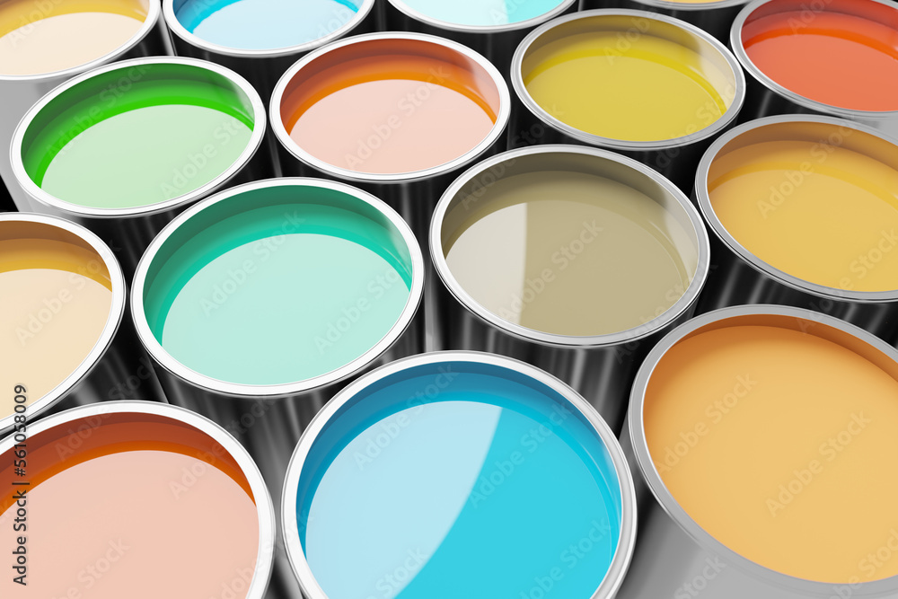 Buckets of multi coloured paint, 3d rendering. Digital illustration of vibrant dye for reconstruction or paintwork Buckets of multi coloured paint, 3d rendering. Digital illustration of vibrant dye for reconstruction or paintwork