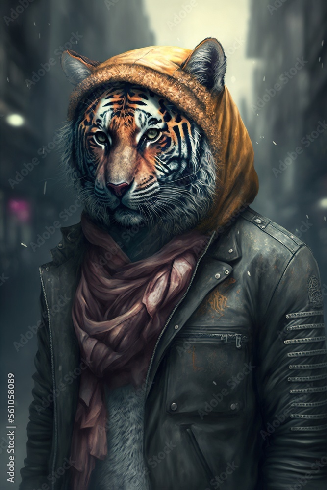 Tiger wearing fashion urban streetwear..Generative AI Tiger wearing fashion urban streetwear..Generative AI