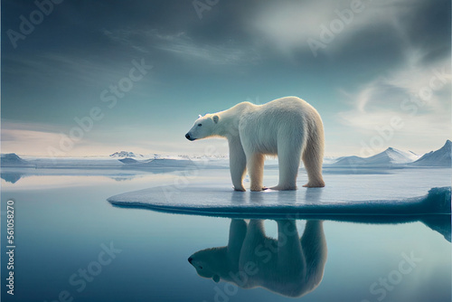 a polar bear stands on an ice floe in bright light. Generative Ai © jr-art
