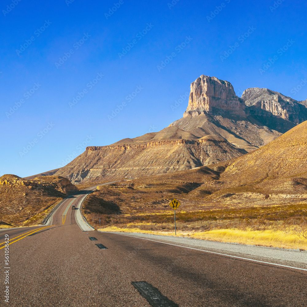 Guadalupe Mountains National Park landscape near El Captain Viewpoint on Route 62 in Salt Flat, Dell City, Texas, USA, square retro-style autumn road scenery with golden grasses