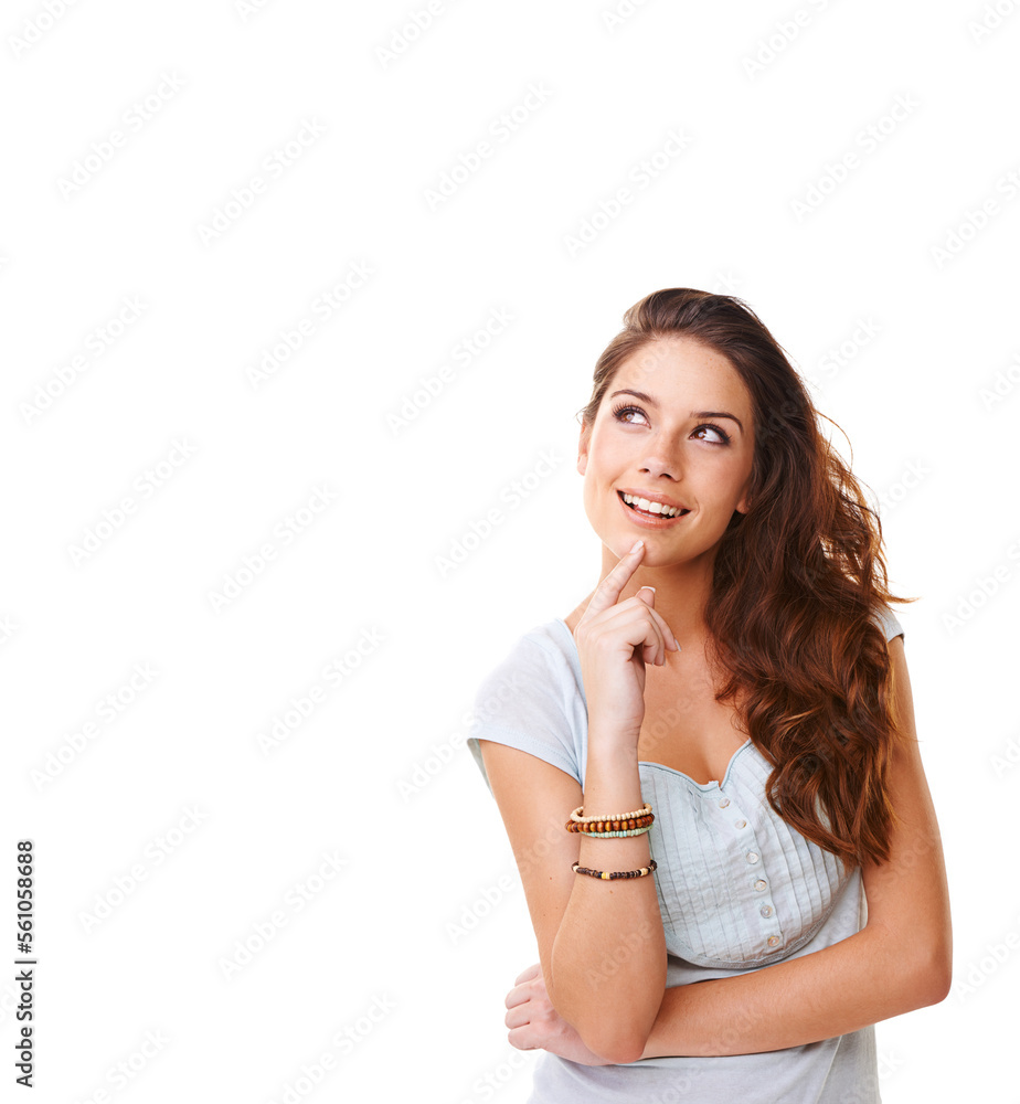 Thinking, mockup and smile with woman and idea for question, product and deal choice. Why, solution and sale with girl model wondering for beauty, decision and planning in white background studio Thinking, mockup and smile with woman and idea for question, product and deal choice. Why, solution and sale with girl model wondering for beauty, decision and planning in white background studio