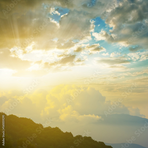 mountain slope with forest at the dramatic sunset, natural travel background