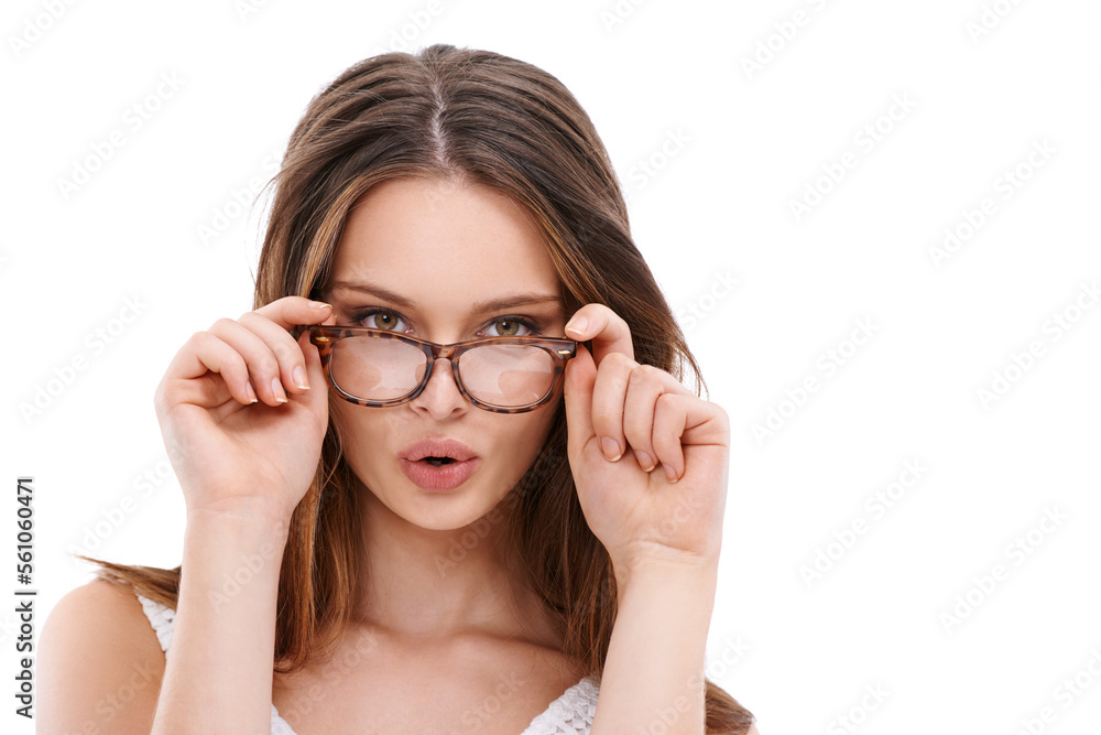 Portrait, woman and glasses for clear vision, pouting and flirty female isolated on white studio background. Lips, girl and eyewear with confidence, happiness and beauty with mouth gesture and smile Portrait, woman and glasses for clear vision, pouting and flirty female isolated on white studio background. Lips, girl and eyewear with confidence, happiness and beauty with mouth gesture and smile