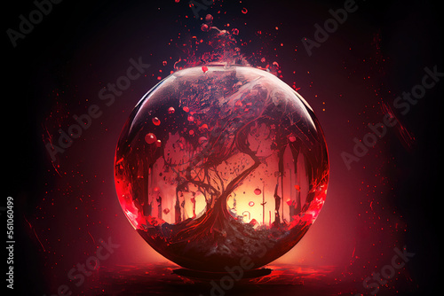 Mystic evil orb filled with red blood and dark matter. Digitally generated AI image