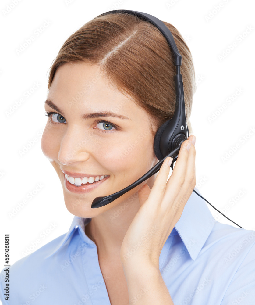 Call center, face and woman on a white background for telemarketing, contact us or telecom consulting. Happy woman consultant, customer support worker or callcenter employee smile in studio portrait Call center, face and woman on a white background for telemarketing, contact us or telecom consulting. Happy woman consultant, customer support worker or callcenter employee smile in studio portrait