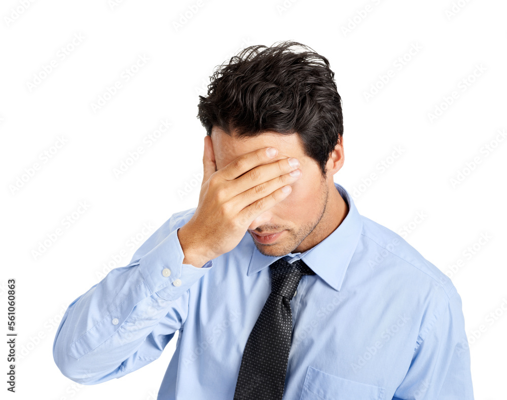 Businessman, stress and hand covering face on studio background in finance fraud or money laundering mistake. Worker anxiety, frustrated and employee with mental health burnout in company stock loss Businessman, stress and hand covering face on studio background in finance fraud or money laundering mistake. Worker anxiety, frustrated and employee with mental health burnout in company stock loss