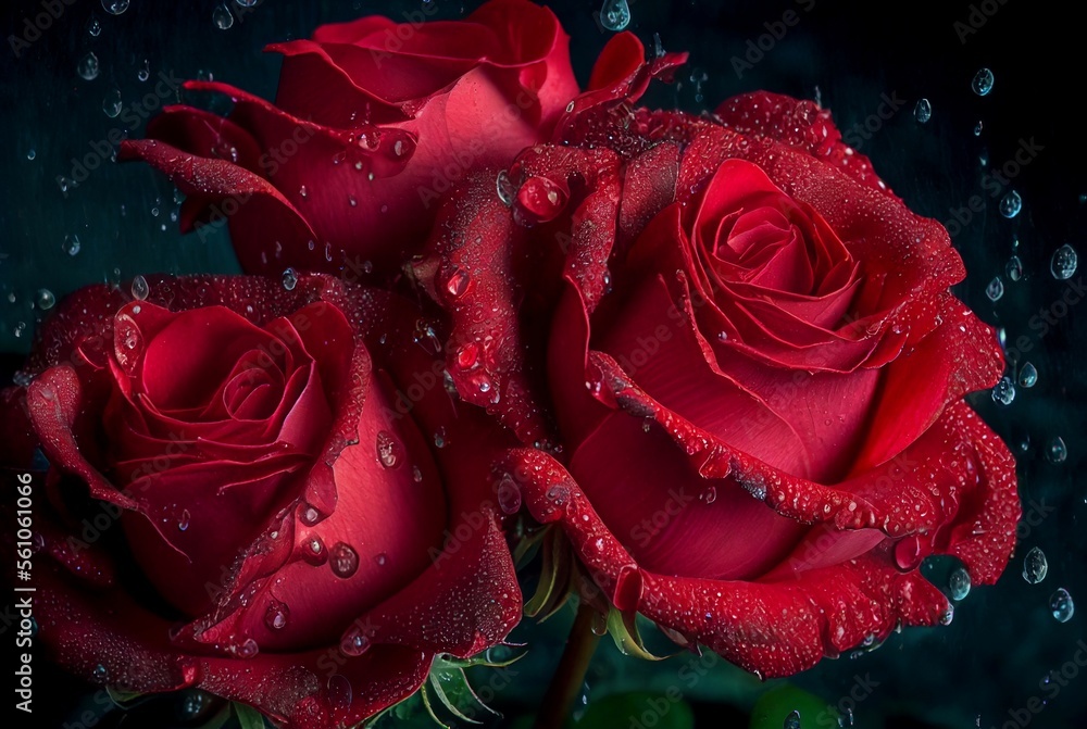 Close up shot of fresh red roses with water drops on black background. 3D Illustration