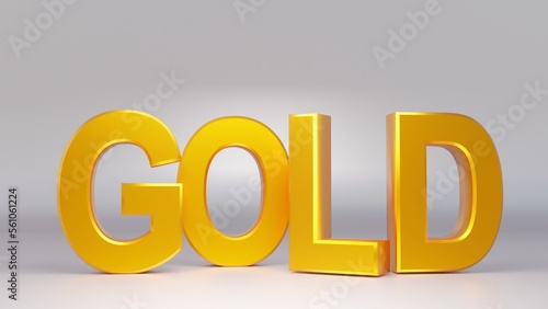 3D rendering. Shiny gold text on white background with reflection.