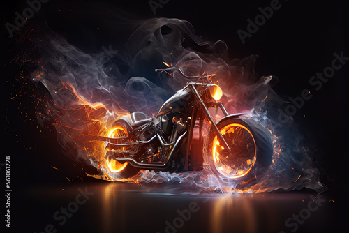 Burning chopper bike made of fire, smoke and sparks on black background.  
Digitally generated AI image. 