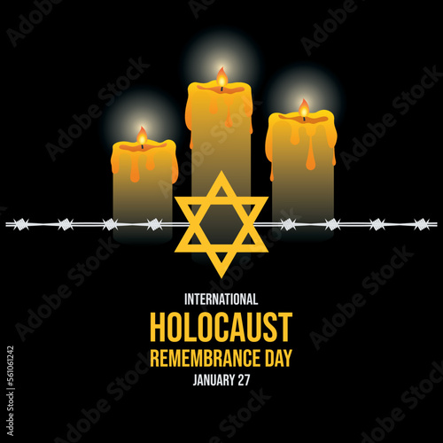 International Holocaust Remembrance Day vector. Burning mourning candle, jewish star of david and barbed wire on a black background vector illustration. January 27. Important day photo