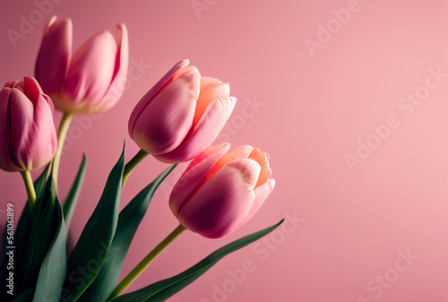 Pink tulips on pink background. Closeup  studio shot of spring flowers. 3D Illustration