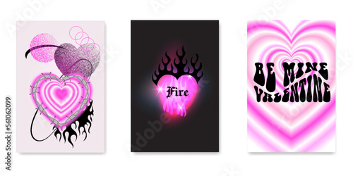 Y2k gothic flame tattoo designs. Retro psychedelic love Valentine day cards. Vector illustration of social media storioes templates. Aesthetic nostalgic 2000s goth girly backgrounds for marketing.