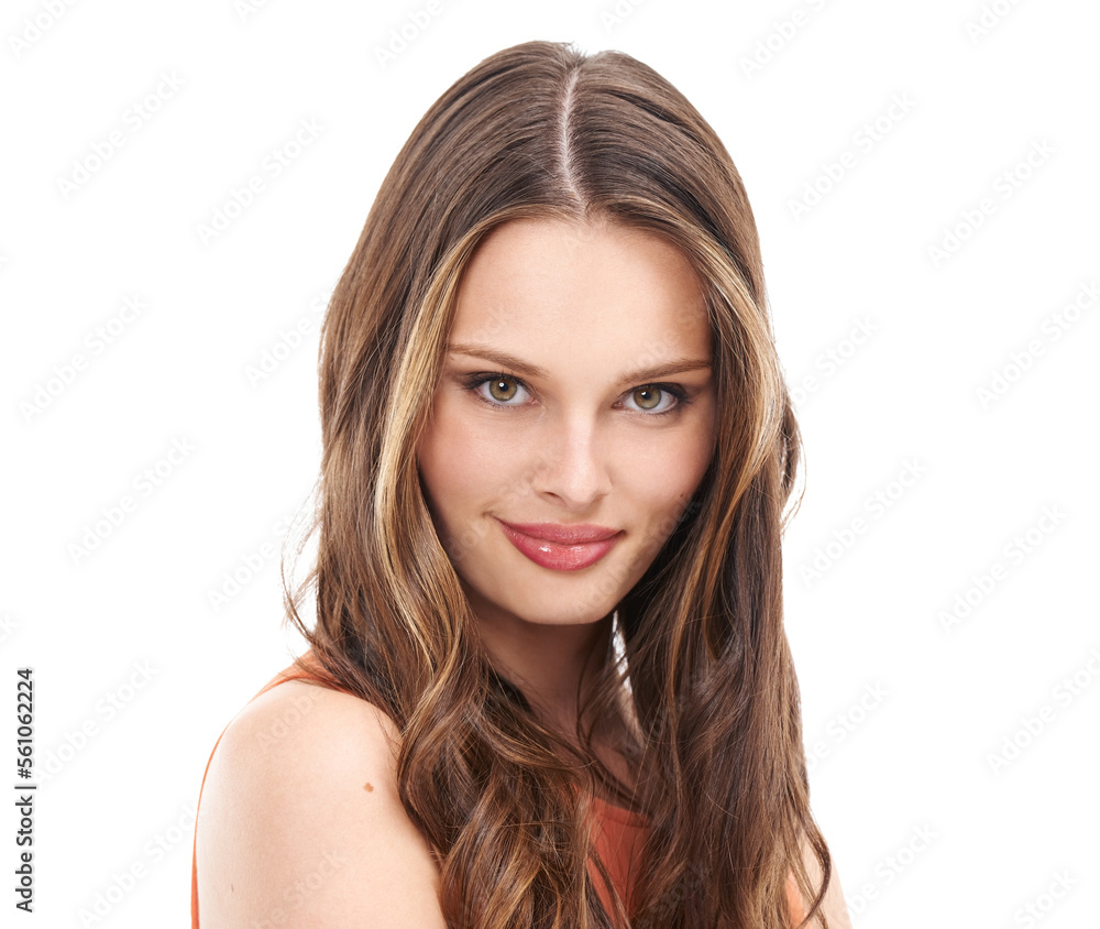 Portrait, woman and hair in studio for wellness, hygiene and styling against a white background. Haircare, face and girl model relax, confident and happy with luxury, smooth and keratin results Portrait, woman and hair in studio for wellness, hygiene and styling against a white background. Haircare, face and girl model relax, confident and happy with luxury, smooth and keratin results