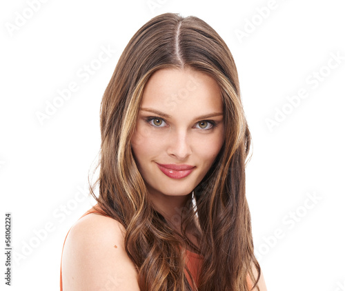 Portrait, woman and hair in studio for wellness, hygiene and styling against a white background. Haircare, face and girl model relax, confident and happy with luxury, smooth and keratin results