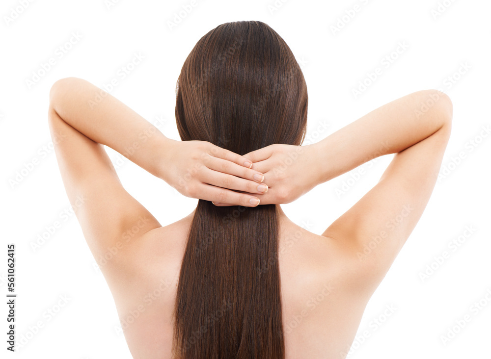 Beauty, back and hair care of woman in studio isolated on a white background. Haircare cosmetics, wellness and young female model with balayage after salon treatment for growth, texture and hairstyle