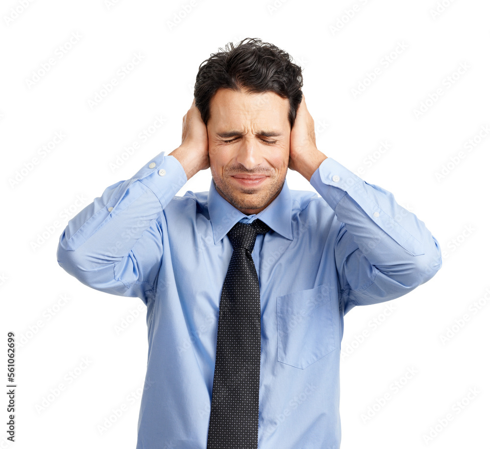 Businessman covering his ears for noise in a studio for stress, headache or frustration. Corporate, upset and professional male employee preventing sound during a migraine by a white background. Businessman covering his ears for noise in a studio for stress, headache or frustration. Corporate, upset and professional male employee preventing sound during a migraine by a white background.