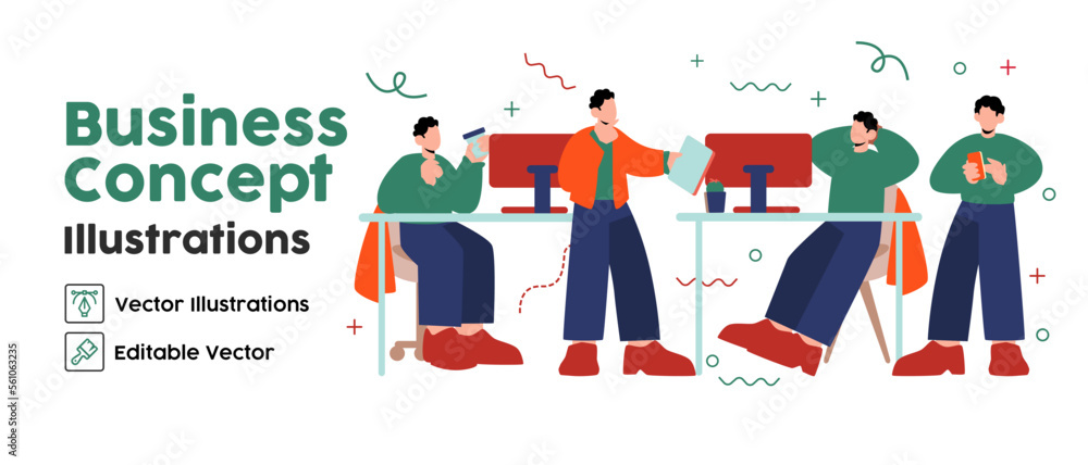 Business Concept illustrations. set Collection of scenes with men taking part in workaholic business activities. Vector illustration